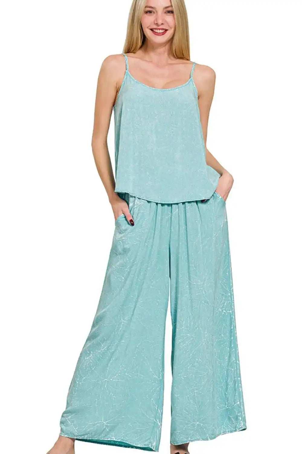 Zenana Woven Acid Crinkle Washed Cami & Pants 2 Piece Set - Trendsi - Flyclothing LLC