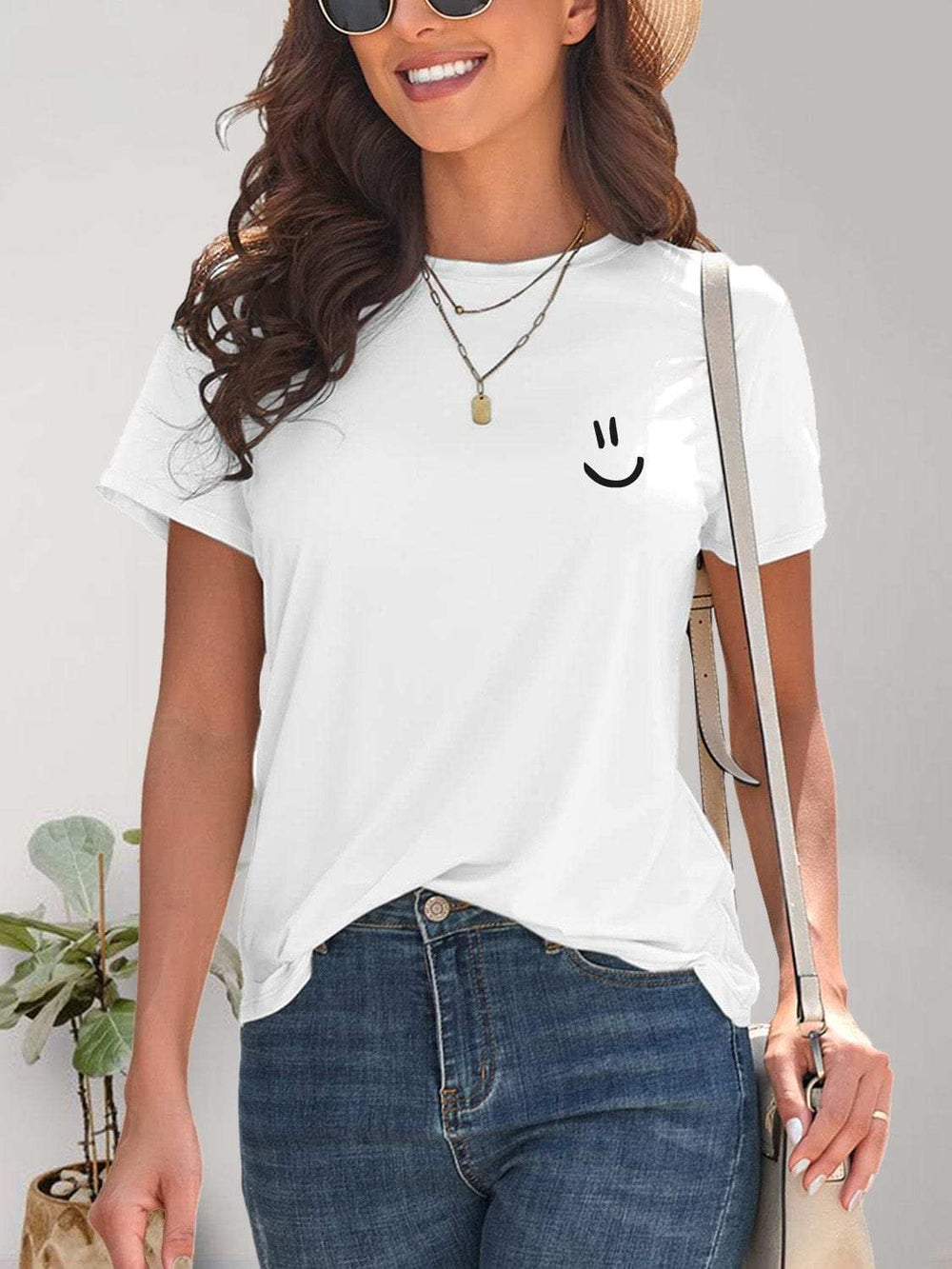 Smile Graphic Round Neck Short Sleeve T-Shirt - Trendsi - Flyclothing LLC