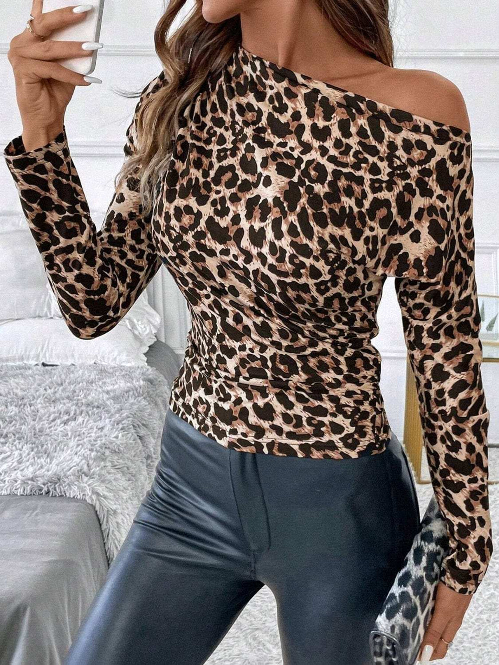 Leopard One Shoulder Long Sleeve T-Shirt - Trendsi - Flyclothing LLC