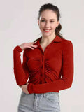 Ruched Button Up Long Sleeve T-Shirt - Trendsi - Flyclothing LLC