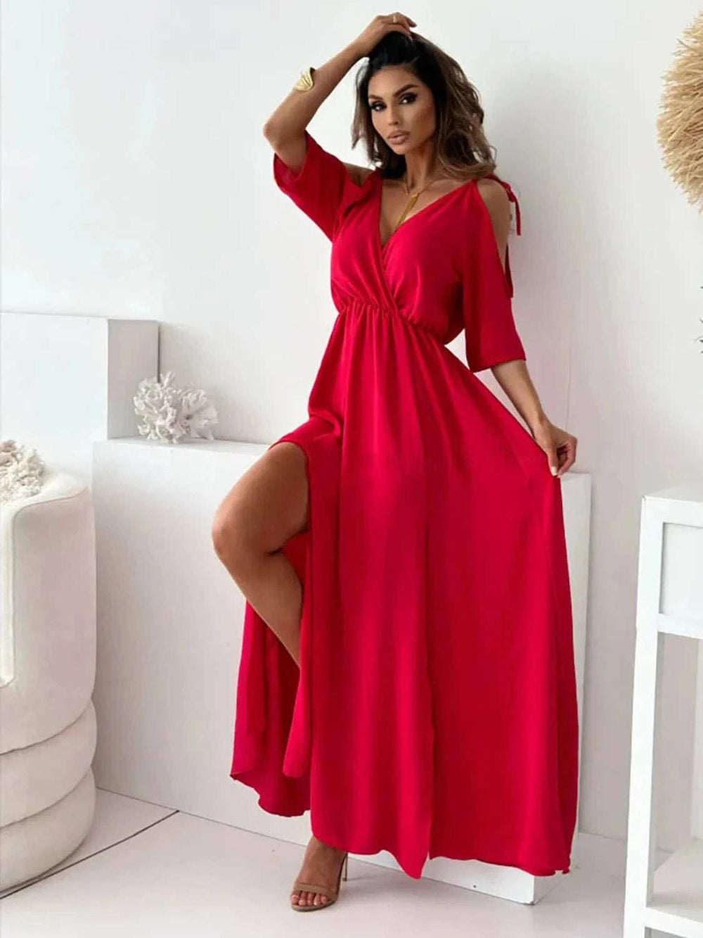 Tied Shoulder Slit Maxi Dress - Trendsi - Flyclothing LLC