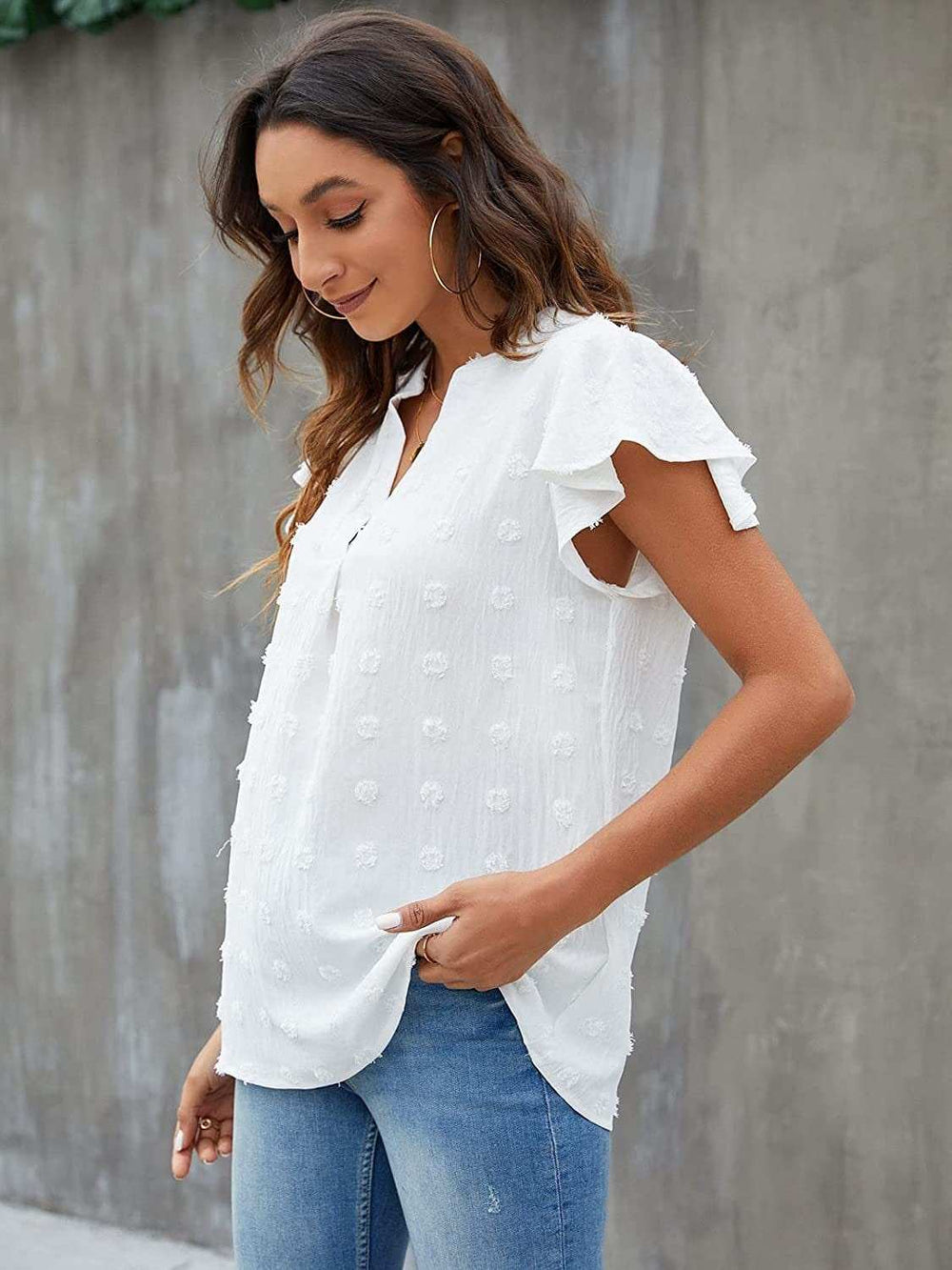 Swiss Dot Notched Flutter Sleeve Blouse - Trendsi - Flyclothing LLC