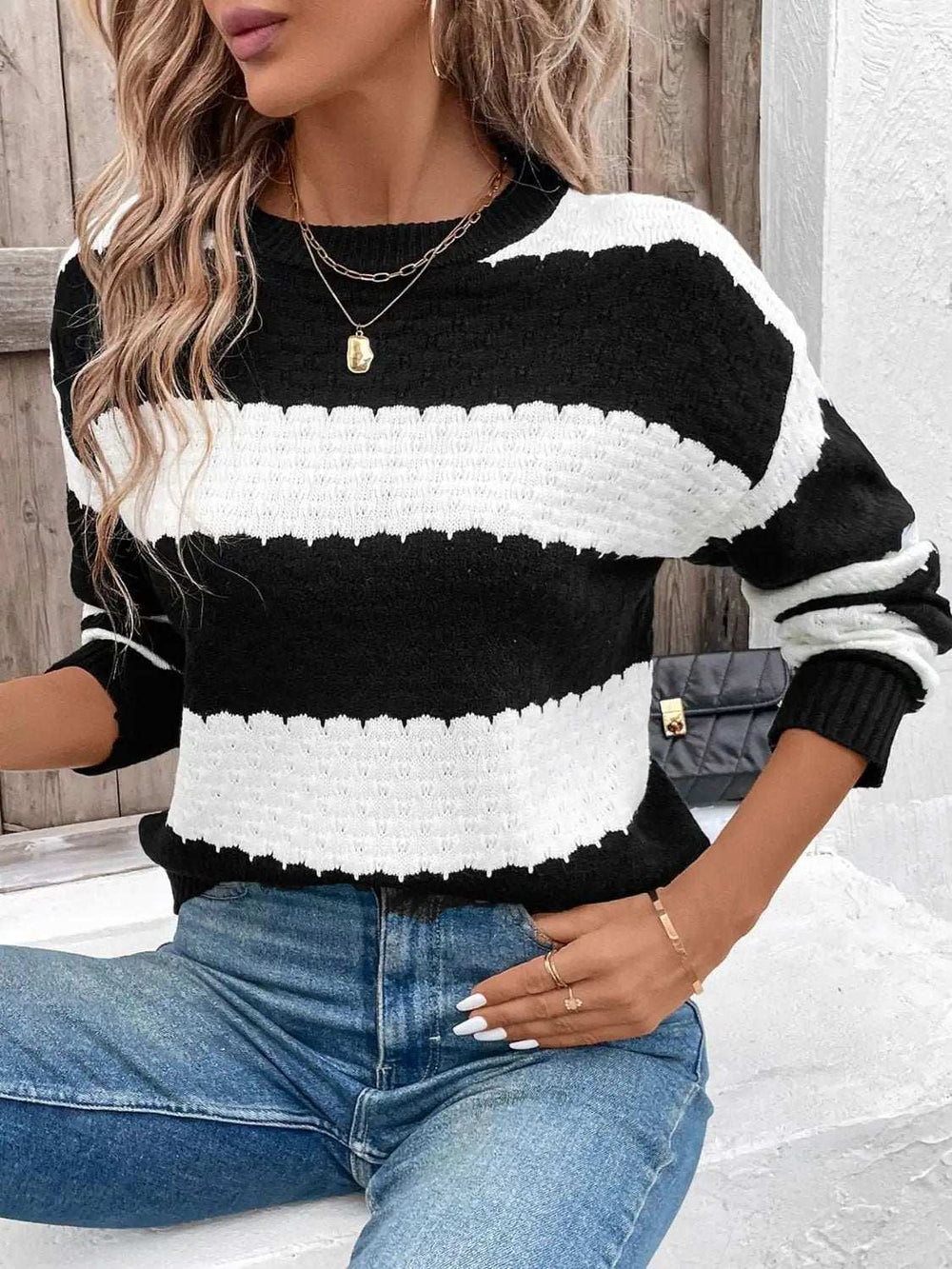 Striped Round Neck Long Sleeve Sweater - Trendsi - Flyclothing LLC