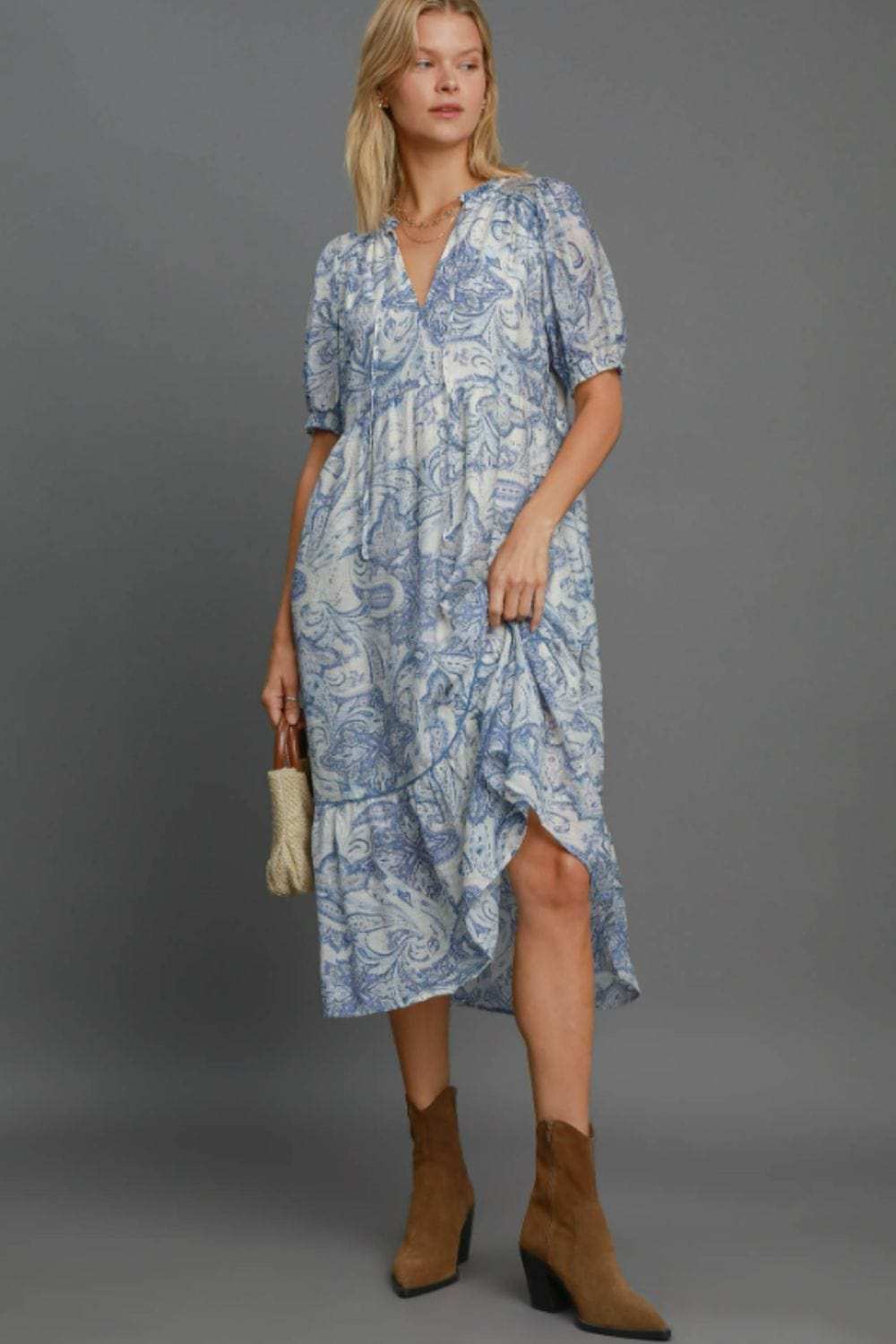 Umgee Full Size Printed Puff Short Sleeve Midi Dress Plus Size - Trendsi - Flyclothing LLC