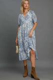 Umgee Full Size Printed Puff Short Sleeve Midi Dress Plus Size - Trendsi - Flyclothing LLC