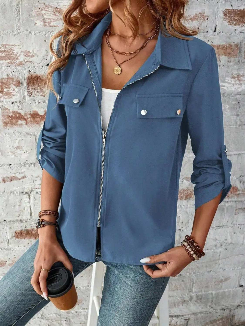 Zip Up Collared Neck Roll-Tab Sleeve Jacket - Trendsi - Flyclothing LLC