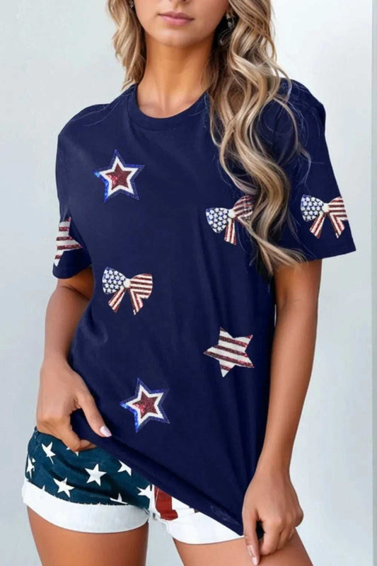 Sequin Star Round Neck Short Sleeve T-Shirt - Trendsi - Flyclothing LLC