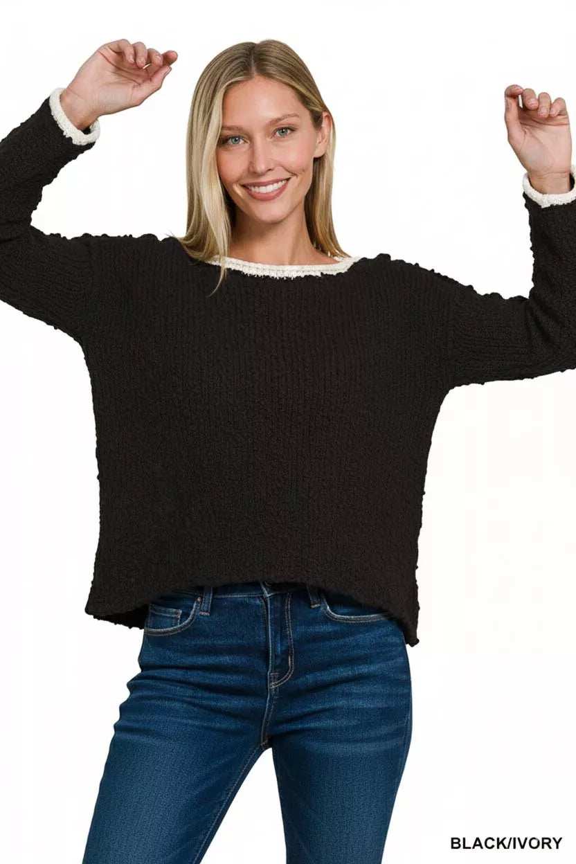 Zenana Contrast Trim Cropped Sweater - Trendsi - Flyclothing LLC