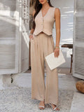 Devine Button Down Vest and Wide Leg Pants Set - Trendsi - Flyclothing LLC