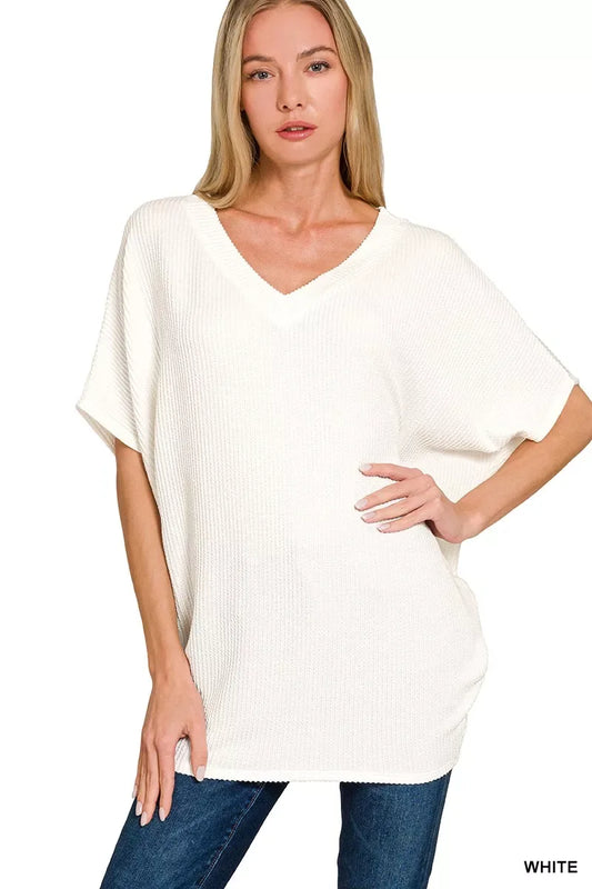 Zenana Raised Rib V-Neck Batwing Top - Trendsi - Flyclothing LLC