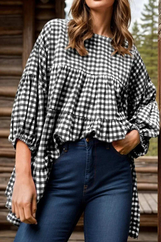 Tiered Plaid Round Neck Long Sleeve Blouse - Trendsi - Flyclothing LLC