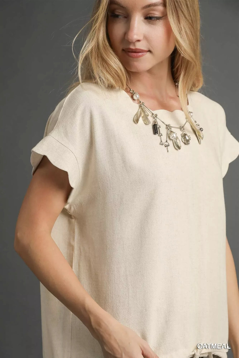 Umgee Linen Scalloped Round Neck Top - Trendsi - Flyclothing LLC