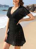 Openwork Plunge Short Sleeve Cover-Up Dress - Trendsi - Flyclothing LLC