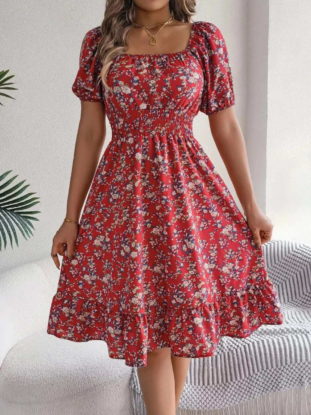 Ruffled Hem Floral Puff Sleeve Dress - Trendsi - Flyclothing LLC