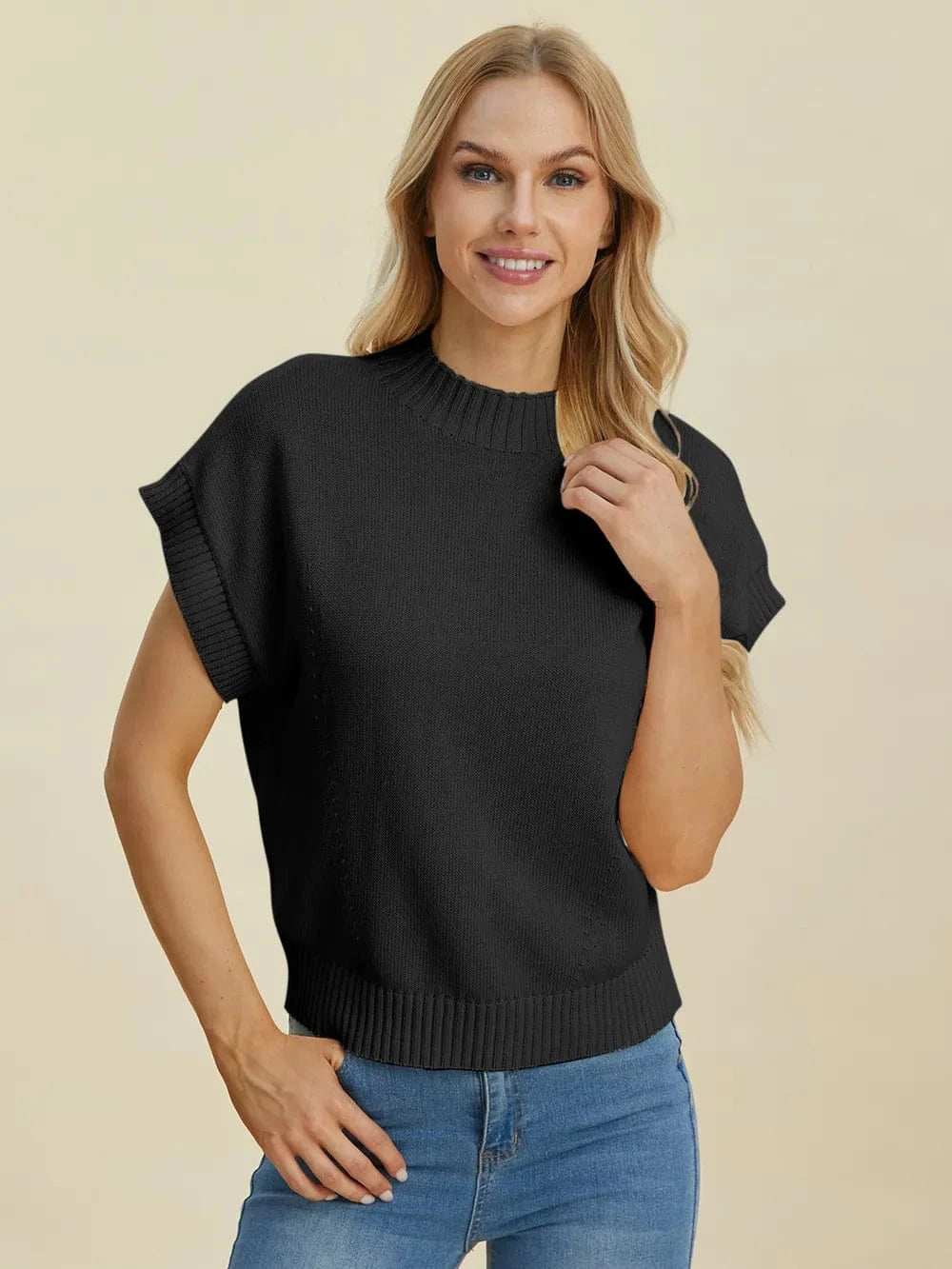 Double Take Full Size Mock Neck Short Sleeve Sweater - Trendsi - Flyclothing LLC