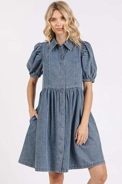 Mittoshop Button Down Puff Sleeve Denim Dress - Trendsi - Flyclothing LLC