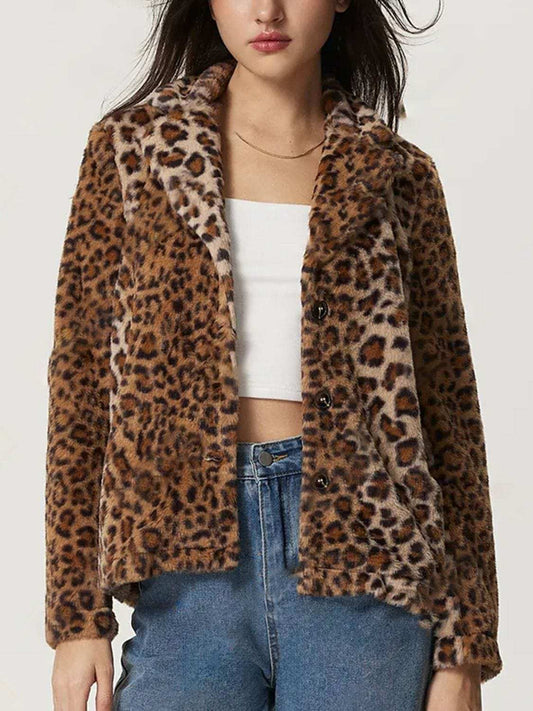 Fuzzy Leopard Collared Neck Jacket - Trendsi - Flyclothing LLC