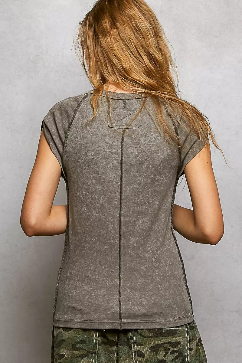 POL V-Neck Short Sleeve Washed T-Shirt with Outseam - Trendsi - Flyclothing LLC