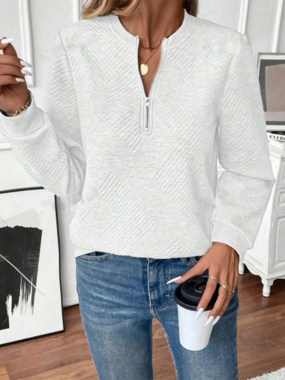Quarter Zip Textured Long Sleeve Sweatshirt - Trendsi - Flyclothing LLC
