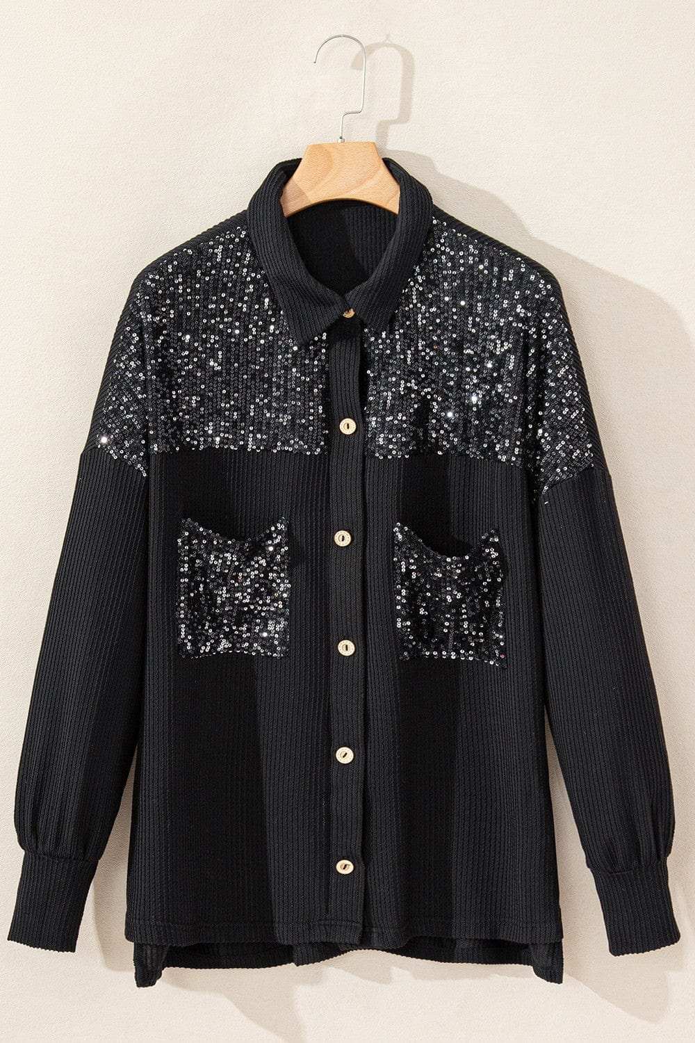 Sequin Button Up Dropped Shoulder Jacket - Trendsi - Flyclothing LLC