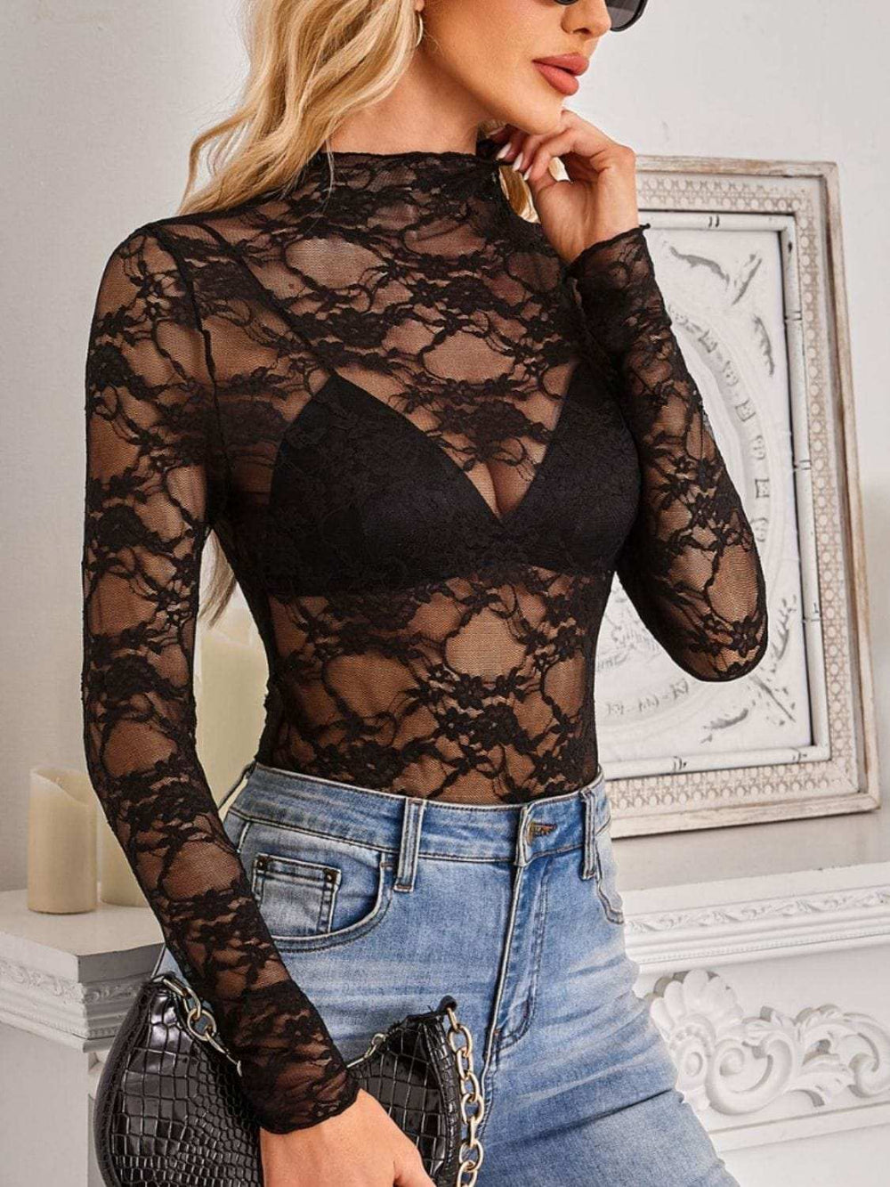 Mock Neck Long Sleeve Lace Sheer Top - Trendsi - Flyclothing LLC