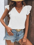 Textured V-Neck Cap Sleeve Blouse - Trendsi - Flyclothing LLC