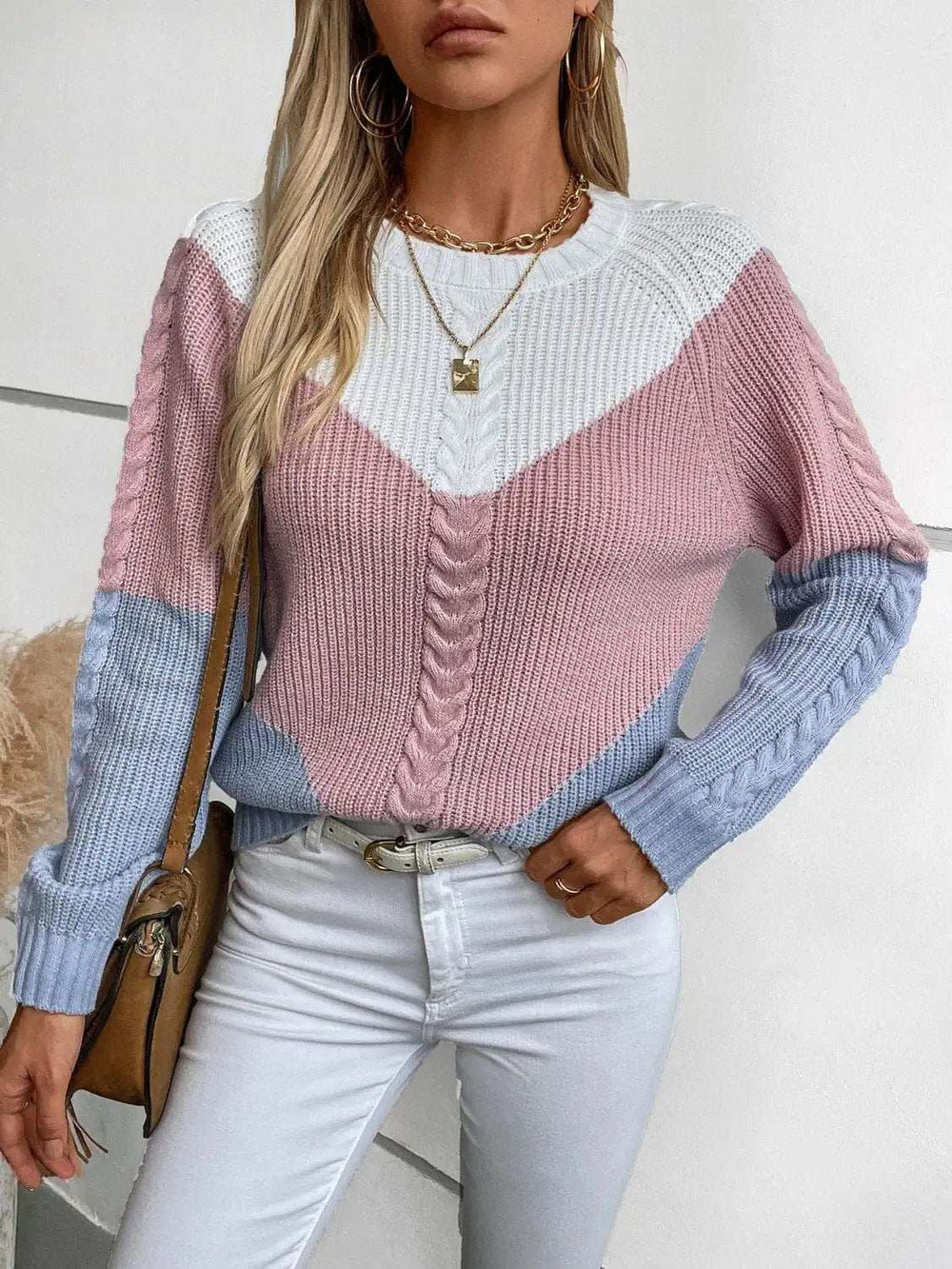 Color Block Round Neck Long Sleeve Sweater - Trendsi - Flyclothing LLC