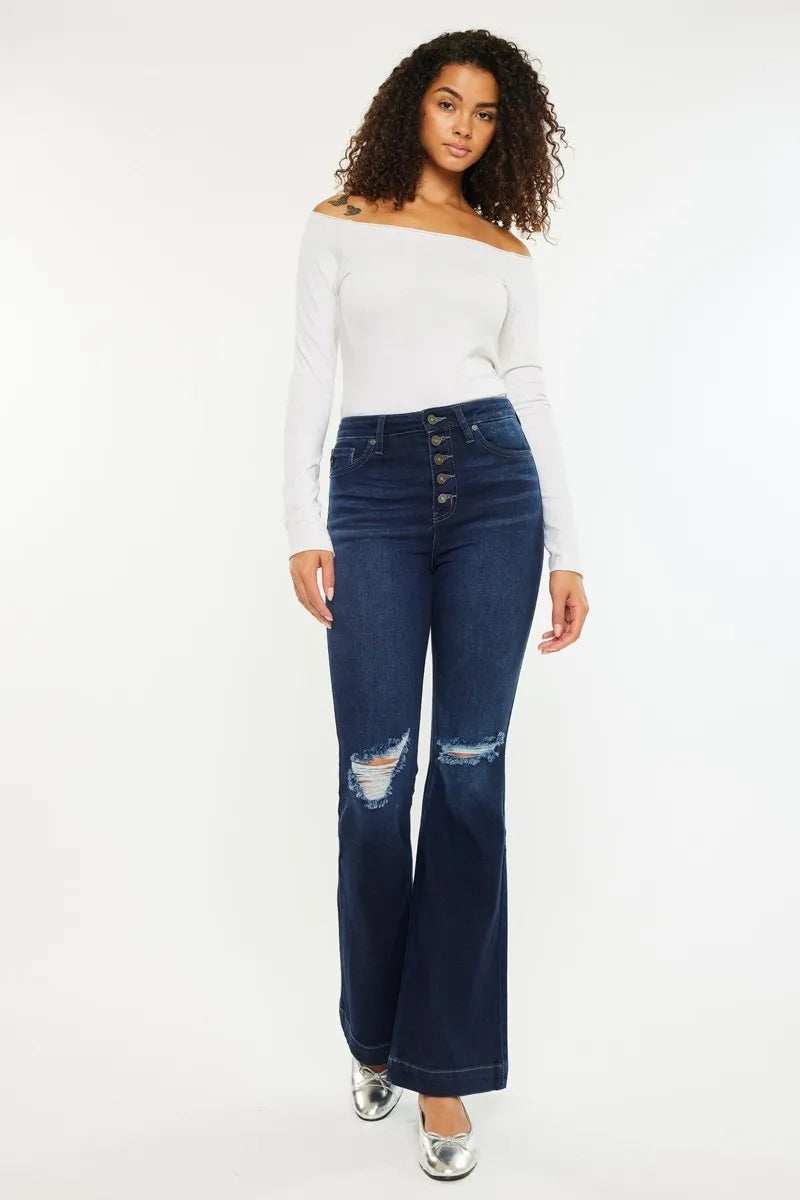 Kancan Button Fly High Rise Distressed Flare Jeans - Trendsi - Flyclothing LLC