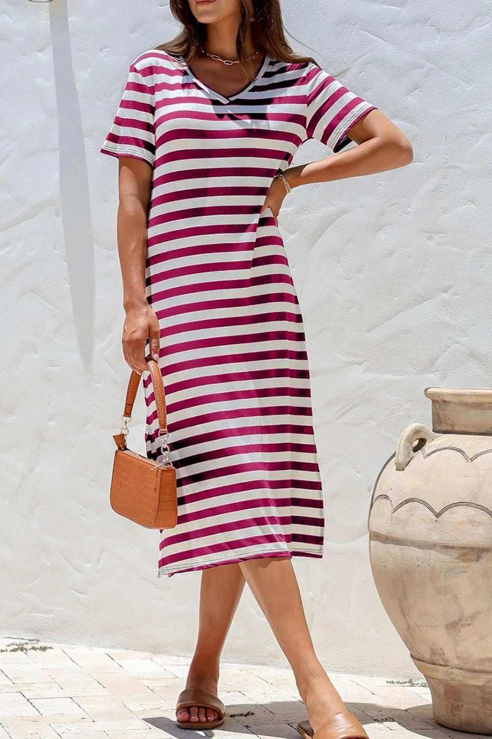 Casual Striped V-Neck Midi T-Shirt Dress - Trendsi - Flyclothing LLC