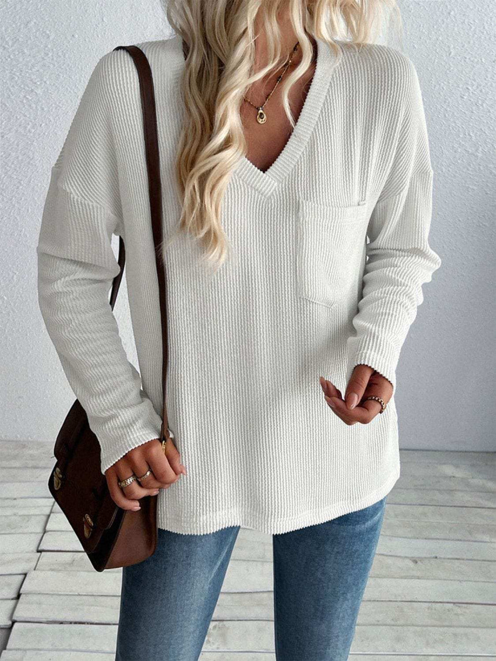 Double Take Pocketed Textured V-Neck Long Sleeve T-Shirt - Trendsi - Flyclothing LLC