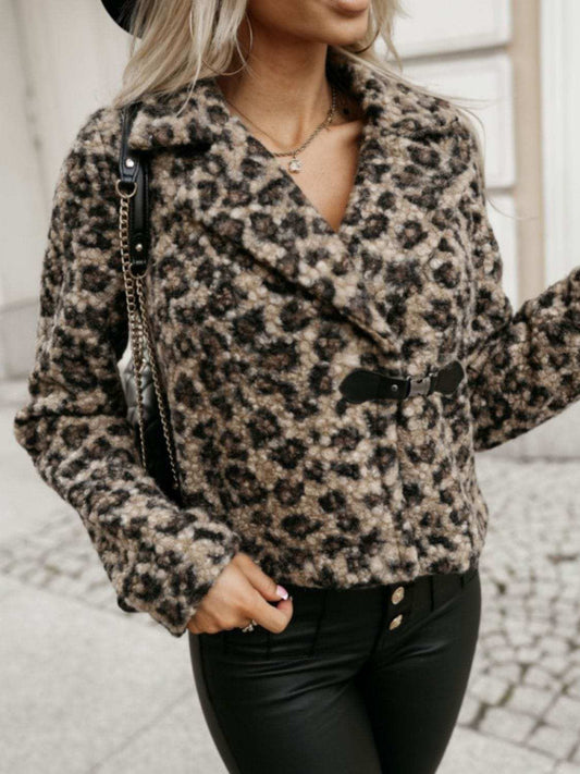 Fuzzy Animal Print Collared Neck Coat - Trendsi - Flyclothing LLC
