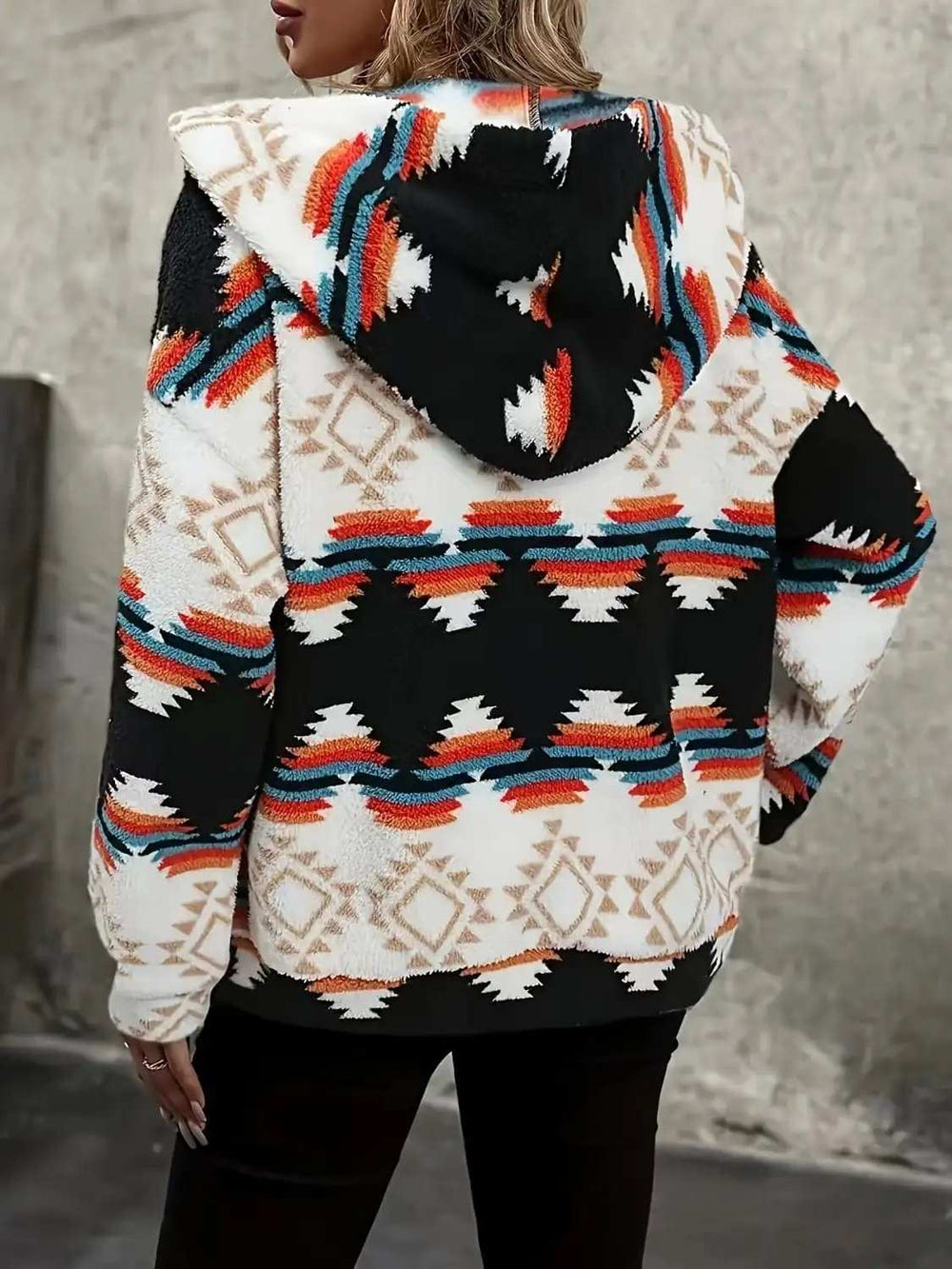Geometric Zip Up Hooded Sherpa Jacket - Trendsi - Flyclothing LLC