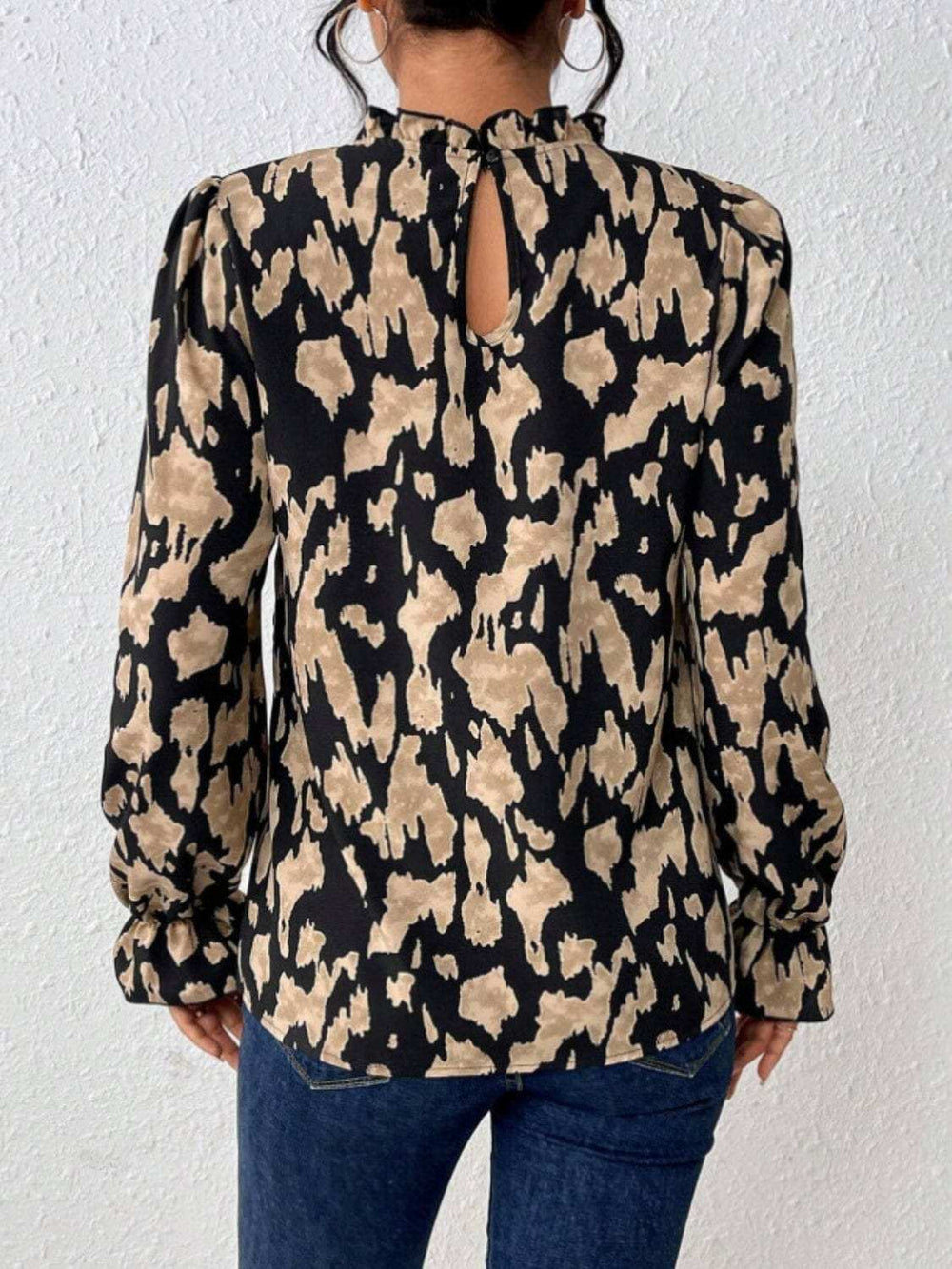 Frill Leopard Mock Neck Flounce Sleeve Blouse - Trendsi - Flyclothing LLC