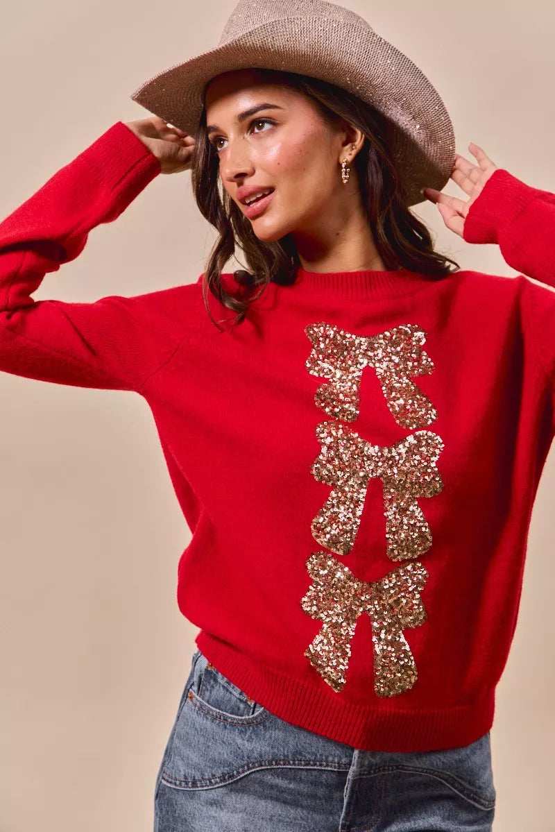 SO ME Sequins Bow Ribbon Embellished Christmas Sweater - Trendsi - Flyclothing LLC