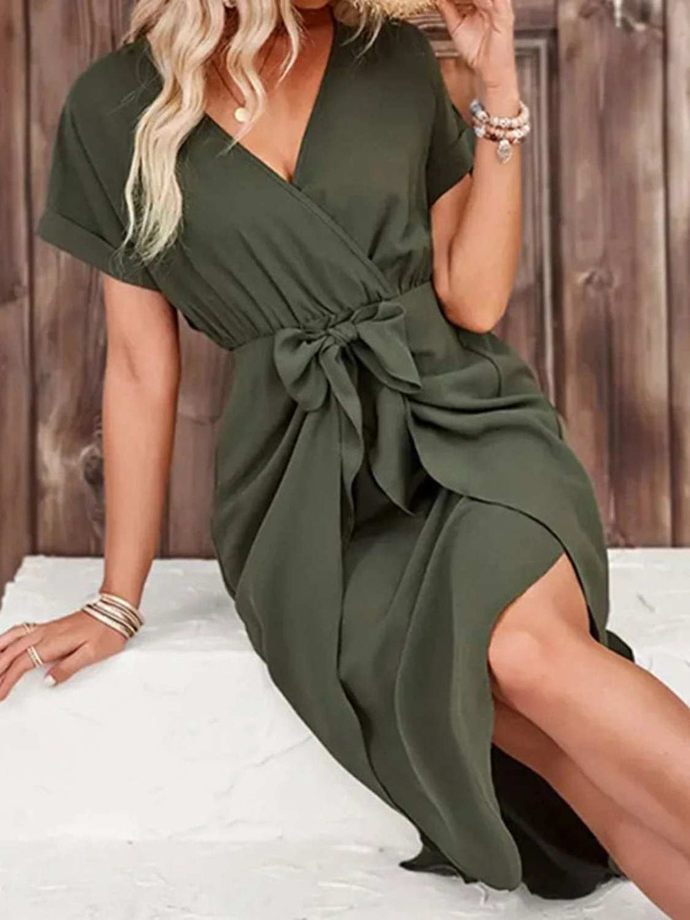 Tied Surplice Short Sleeve Dress - Trendsi - Flyclothing LLC