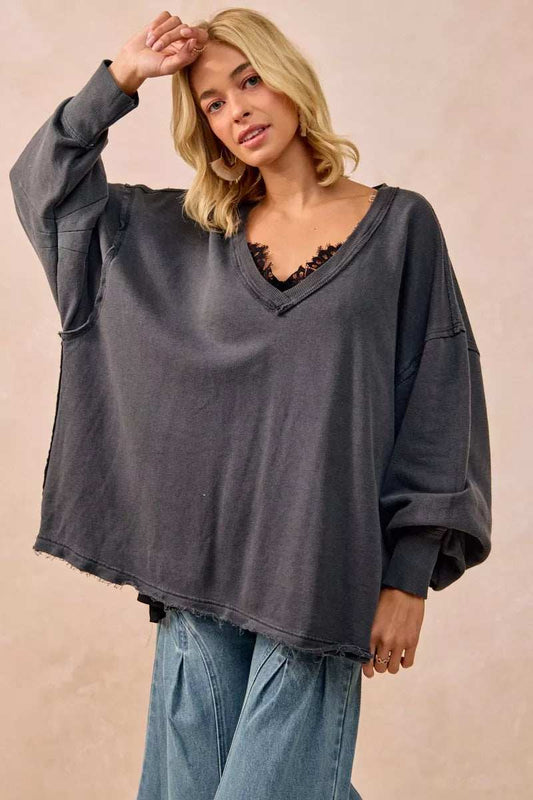 BiBi Mineral Washed French Terry Oversized Sweatshirt - Trendsi - Flyclothing LLC