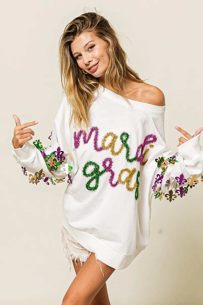 BiBi Fleur De Lis Sleeve Mardi Gras Pullover - Trendsi - Flyclothing LLC