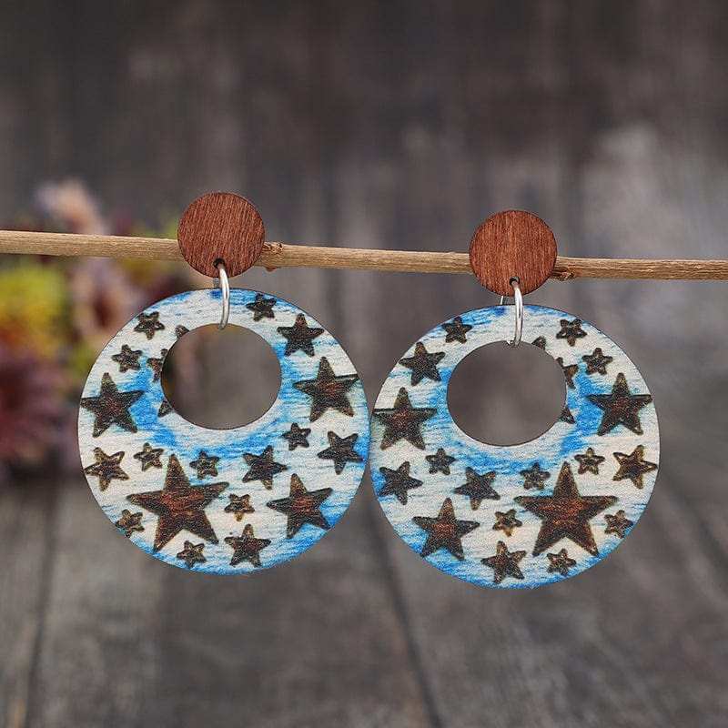 Cutout Star Print Wooden Dangle Earrings - Trendsi - Flyclothing LLC