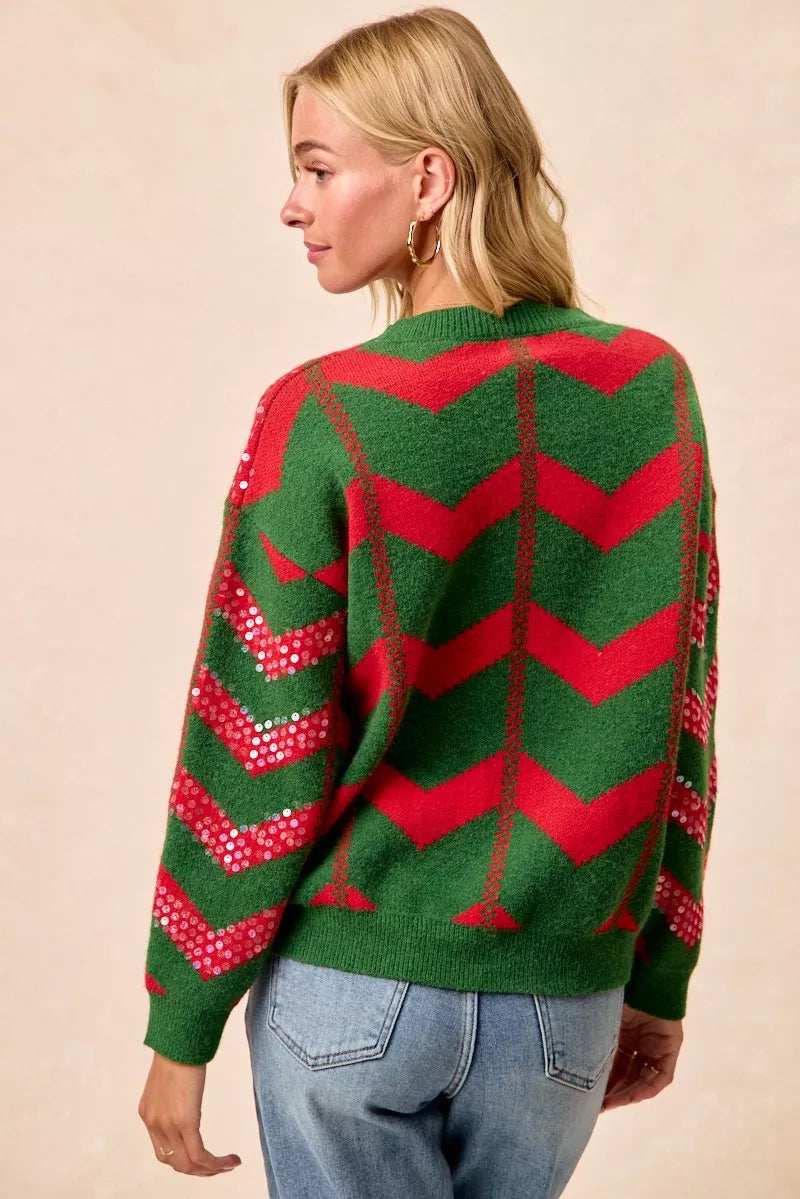 BiBi Christmas Theme Chevron Sequins Detail Sweater - Trendsi - Flyclothing LLC