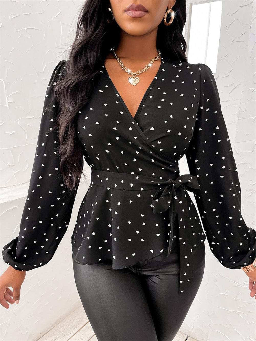 Heart Print Surplice Balloon Sleeve Blouse - Trendsi - Flyclothing LLC