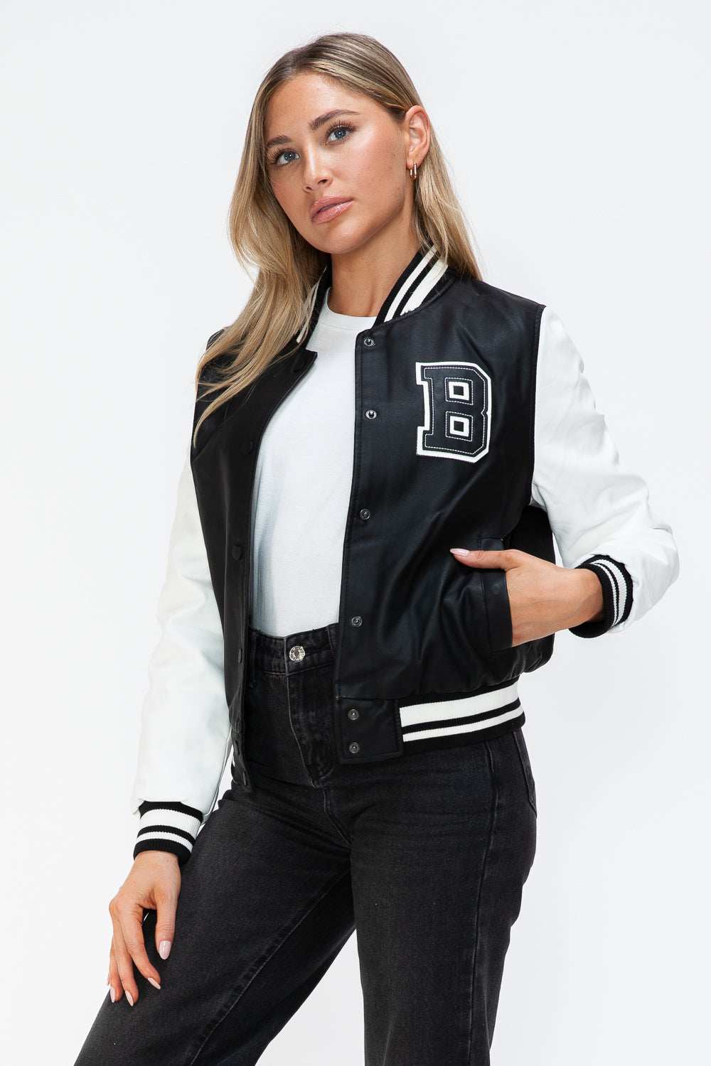 Love Me Now PU Leather Contrast Snap Down Bomber Jacket - Trendsi - Flyclothing LLC