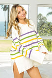BiBi Ribbed Hem Mardi Gras Stripe Sweater - Trendsi - Flyclothing LLC