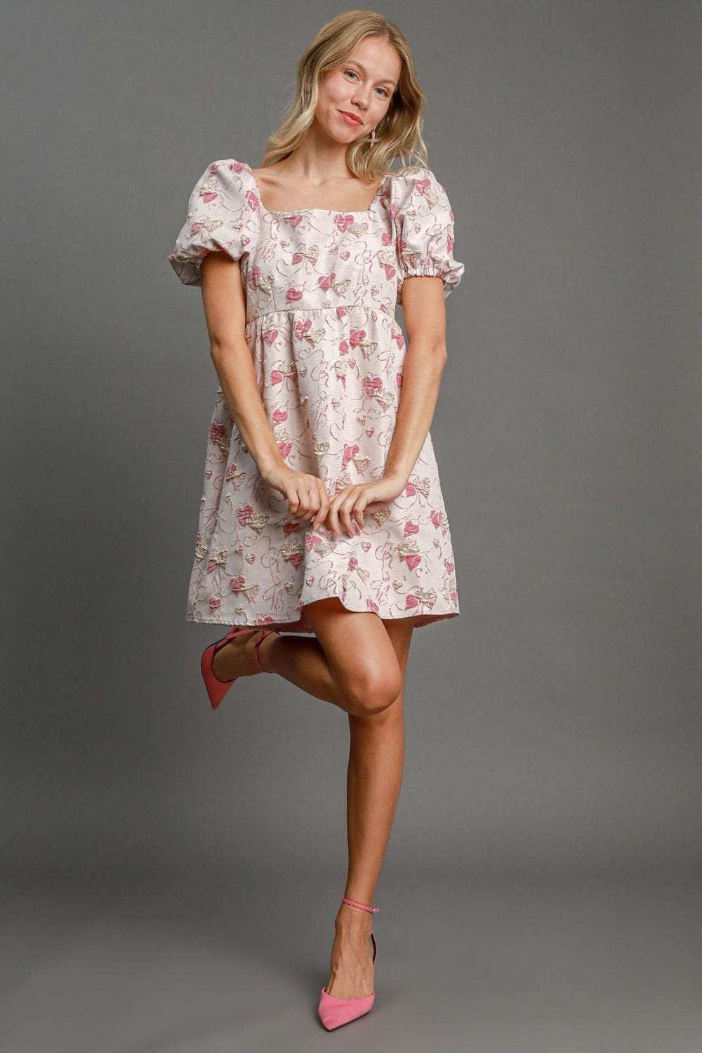 Umgee Heart Jacquard Square Neck Puff Sleeve Mini Dress - Trendsi - Flyclothing LLC