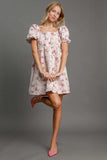 Umgee Heart Jacquard Square Neck Puff Sleeve Mini Dress - Trendsi - Flyclothing LLC