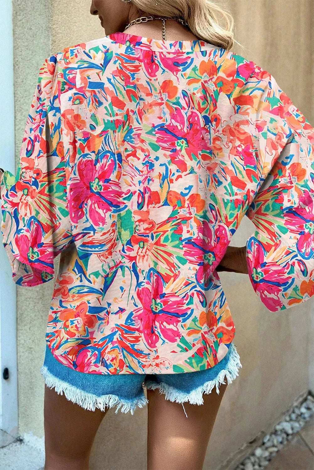 Printed Notched Long Sleeve Blouse - Trendsi - Flyclothing LLC