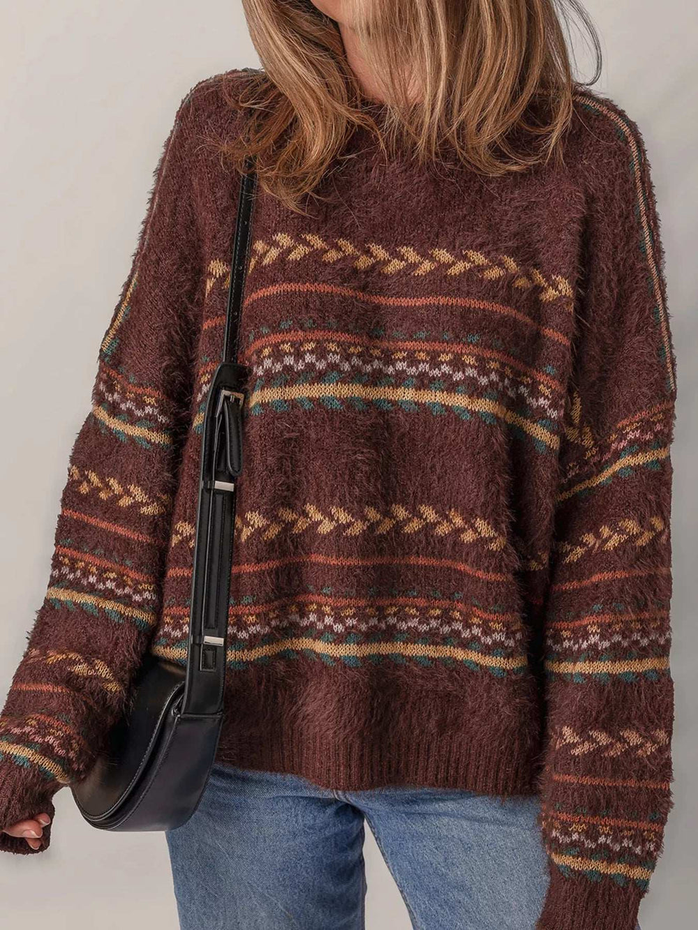 Ethnic Pattern Mohair Knitted Drop Shoulder Sweater - Trendsi - Flyclothing LLC