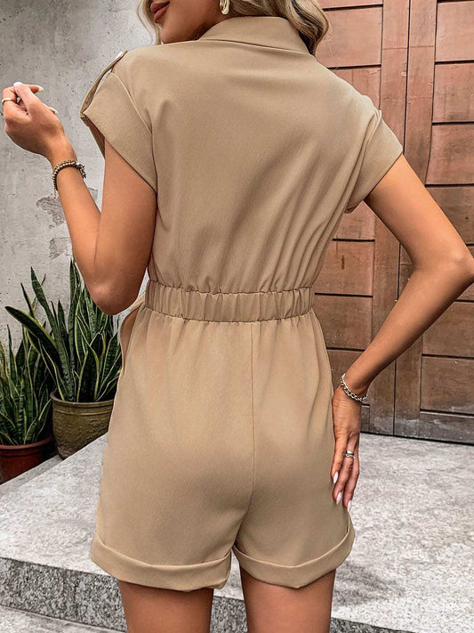 Collared Neck Tie Waist Romper with Pockets - Trendsi - Flyclothing LLC