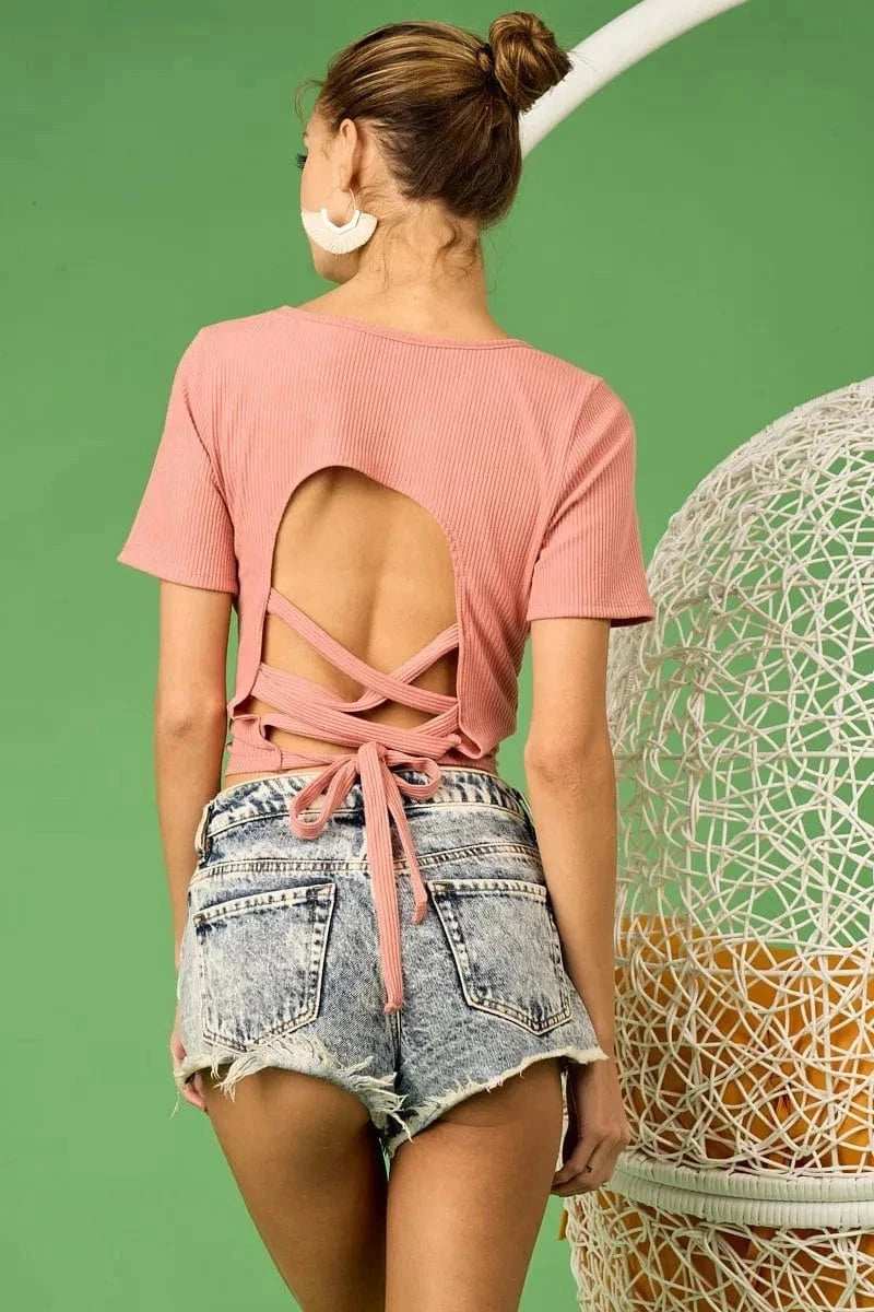 BiBi Rib Knit with Back Cross and Tied Detailed Top - Trendsi - Flyclothing LLC
