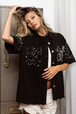BiBi Sequin Detail Raw Hem Short Sleeve Shirt - Trendsi - Flyclothing LLC