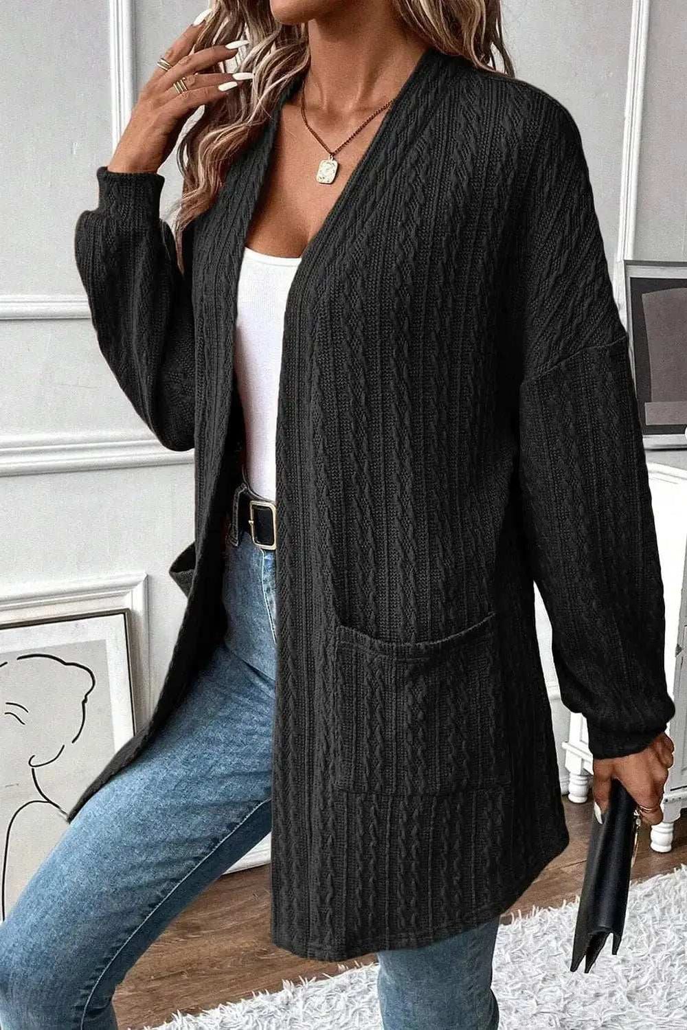 Textured Pocketed Open Front Long Sleeve Cover Up - Trendsi - Flyclothing LLC